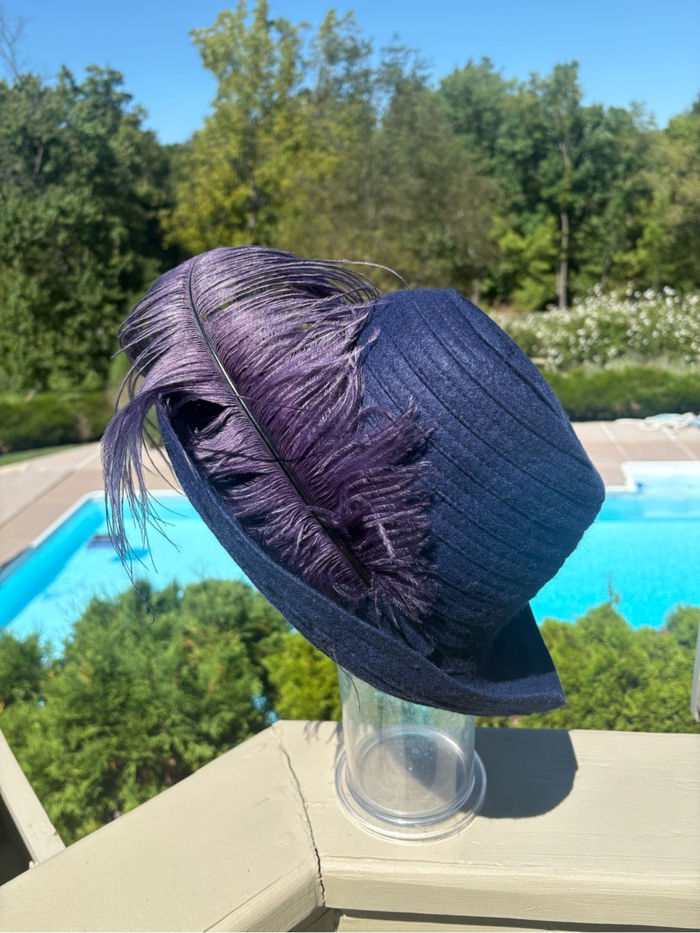 VINTAGE Lovely Navy Fedora Hat with Feather Trim, Size: M/L fits up to 22” head